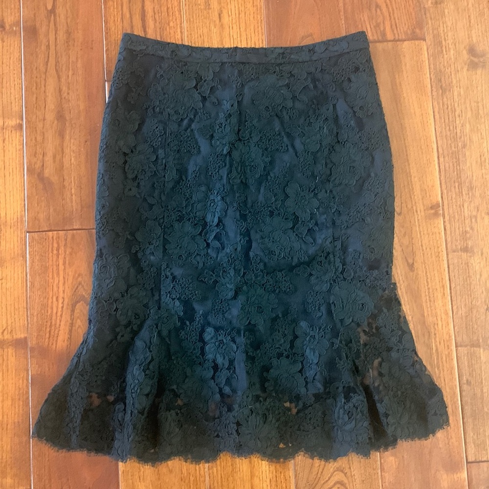 Monique Lhuiller Skirt Size 6 Black A-Line Floral Lace Cotton Blend Lined Midi